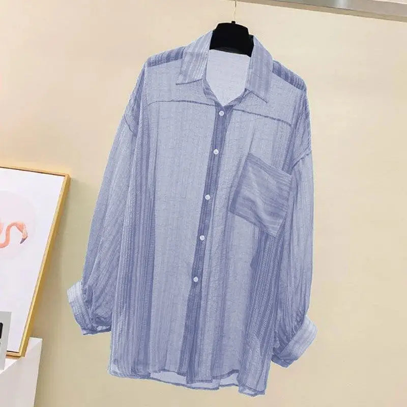 Summer Sunscreen Shirt Elegant Perspective Thin Chiffon Blouse Korean Harajuku See Through Loose Top Casual Women's Cardigan.