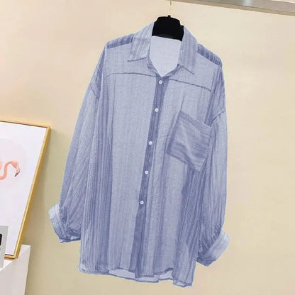 Summer Sunscreen Shirt Elegant Perspective Thin Chiffon Blouse Korean Harajuku See Through Loose Top Casual Women's Cardigan.