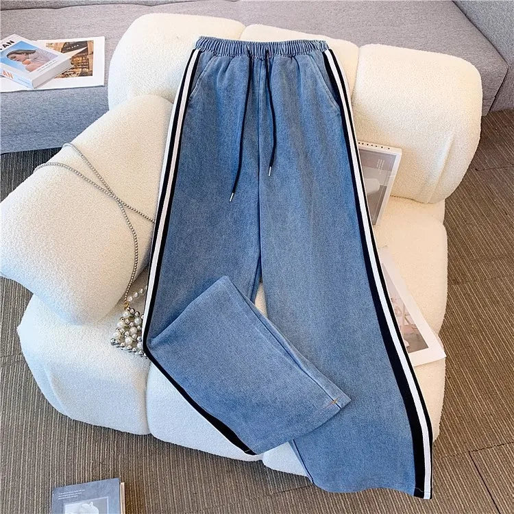 Pant Set Women Two Piece Sets Denim Splice Zipper Matching Sets Casual Coats Wide Leg Long Pants Lace Up Elastic Waist 2025.