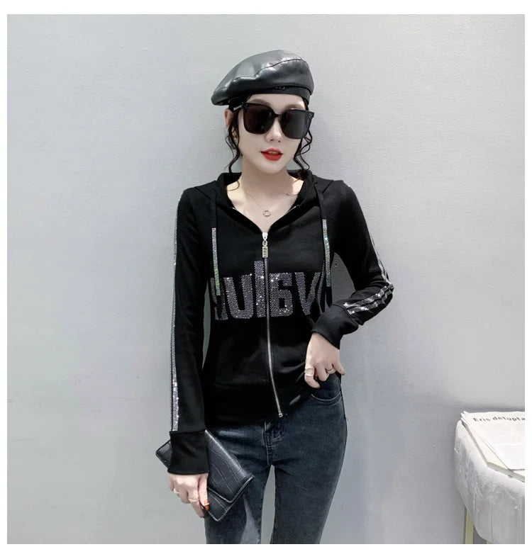 #7937Black Grey Women Hoodies Sweatshirt Tops Pullovers Diamonds Letters Slim Streetwear Short Hoodies Woman Zipper Korean Style.