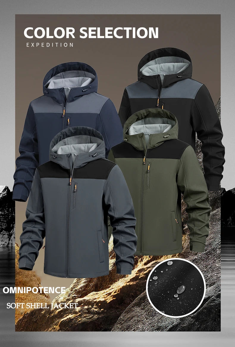 Jacket Coat Winter Soft Case Male Outdoor Sports Hooded Coat Multi-pocket Inside Fleece Casual Waterproof Windproof Sport Jacket.