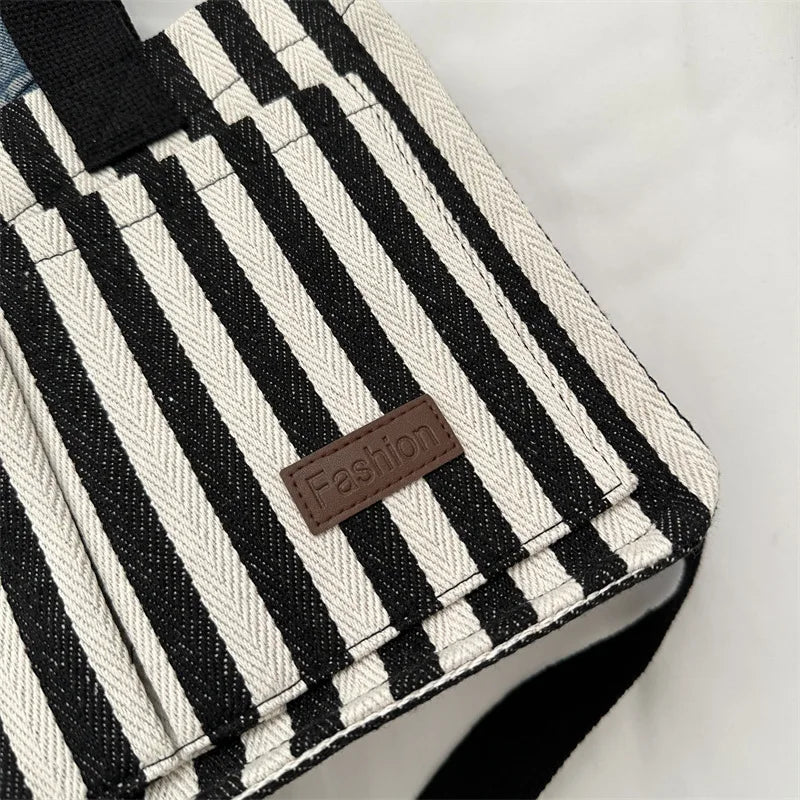 Cool Street Handbag, Large Capacity Women's Shoulder Bag, Trendy Striped Canvas Crossbody Bag, Fashion Travel Shopping Tote Bag.