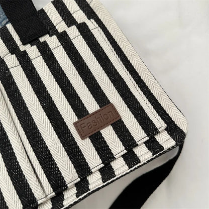 Cool Street Handbag, Large Capacity Women's Shoulder Bag, Trendy Striped Canvas Crossbody Bag, Fashion Travel Shopping Tote Bag.