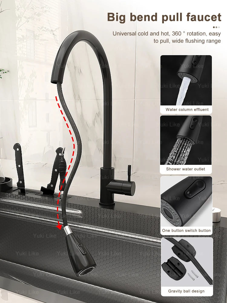 Stainless Steel Kitchen Sink Embossed Large Single-Slot With Kitchen Faucet Multifunctional Washbasin for Apartment