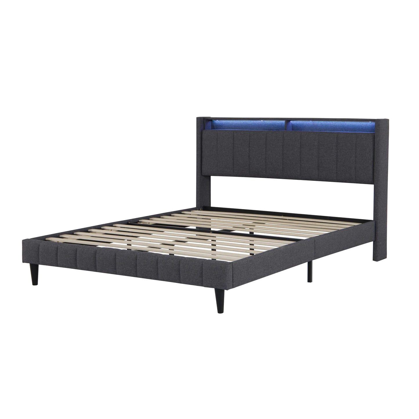 Lazyspace gepolstertes Doppelbett, Bettgestell 160/140 x 200 cm, Kopfteil mit Stauraum, USB-Aufladung und LED-Licht, keine Matratze