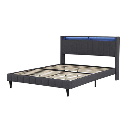 Lazyspace gepolstertes Doppelbett, Bettgestell 160/140 x 200 cm, Kopfteil mit Stauraum, USB-Aufladung und LED-Licht, keine Matratze