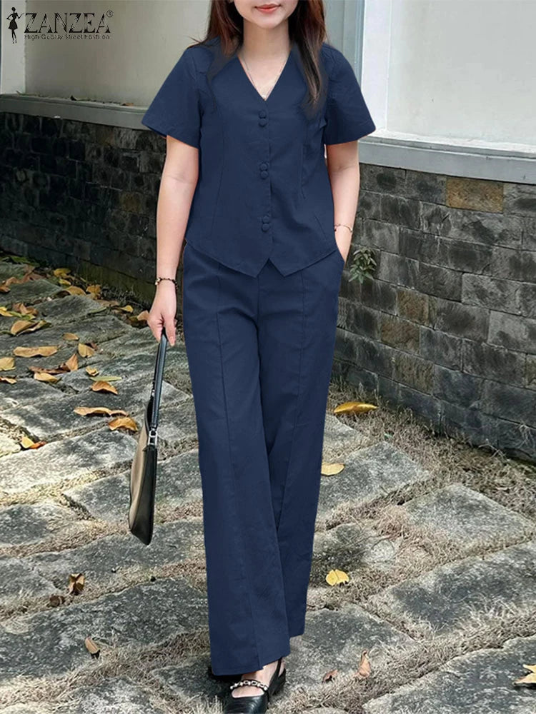 ZANZEA Fashion 2 Piece Sets Woman Elegant V-Neck Short Sleeve Shirts Wide Leg Pants 2pcs Suits Office Lady Commuting Pant Sets.