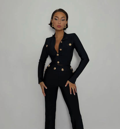 New Autumn Style Black Color Women Long Sleeve Button Rayon Bandage Coat Pants Fashion Women's Set High Street Celebrate Wear.