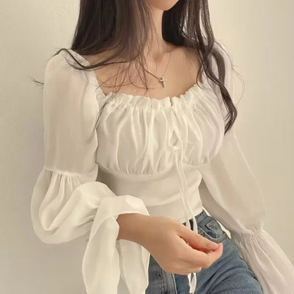 Chic Korean Summer 2024 Square Collar Wooden Earring Sleeve Chiffon Blouse Waist-Fitted Flare Cropped Shirt For Women.