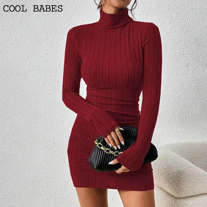 Neue Feste Kleid Frauen Elegante Party Herbst Winter Rollkragen Mit Langen Ärmeln Sexy Mantel Mini Kleider Bodycon Club Gestrickte Kleid.