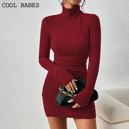 Neue Feste Kleid Frauen Elegante Party Herbst Winter Rollkragen Mit Langen Ärmeln Sexy Mantel Mini Kleider Bodycon Club Gestrickte Kleid.