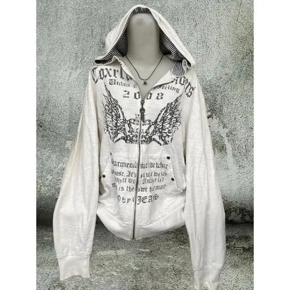 Vintage Sweatshirts 2025 Women's Clothes White Print Tunic Hooded Y2k Coat Streetwear Fashion Casual Hoodies Tops Ropa Mujer.