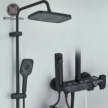 Black Piano Style Shower Set Intelligent Brass Bathroom Faucets Hot Cold Waterfall Tap Rainfall Shower System