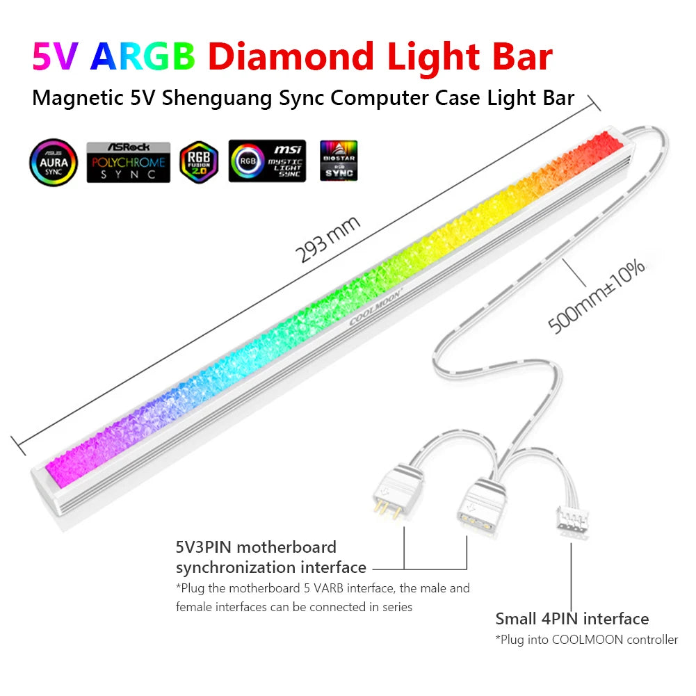 COOLMOON ARGB LED Strip Light 5V 3Pin/Small 4Pin Diamond Magnetic Colorful Atmosphere DIY Lamp Bar for PC Computer Case Chassis