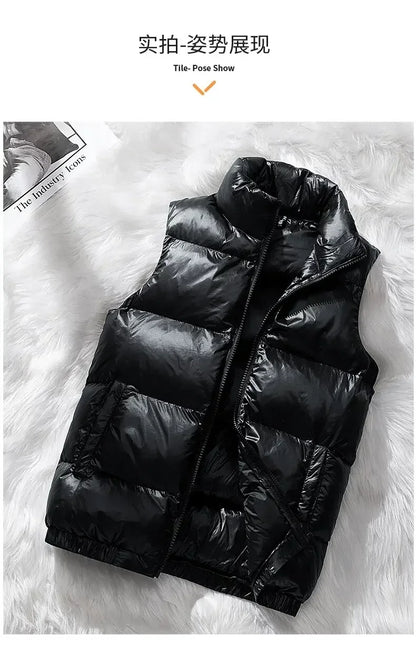 Vest Winter Hooded Glossy Cotton Vest Casual Waistcoat Men's Sleeveless Jacket Warm Overcoats Zipper Solid Color Mens Warm Vests.
