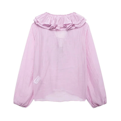 MUJER 2025 Ruffle Blouses for Women Semi Sheer Casual Blouse Woman Pleated Summer Shirts and Blouses Women Long Sleeve Women Top.