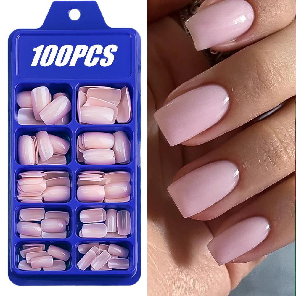 100Pcs Light Pink Press on Nails Short Medium Square Wearable Fake Nails Tips 10 sizes Full Cover False Nails Finger Decoration.