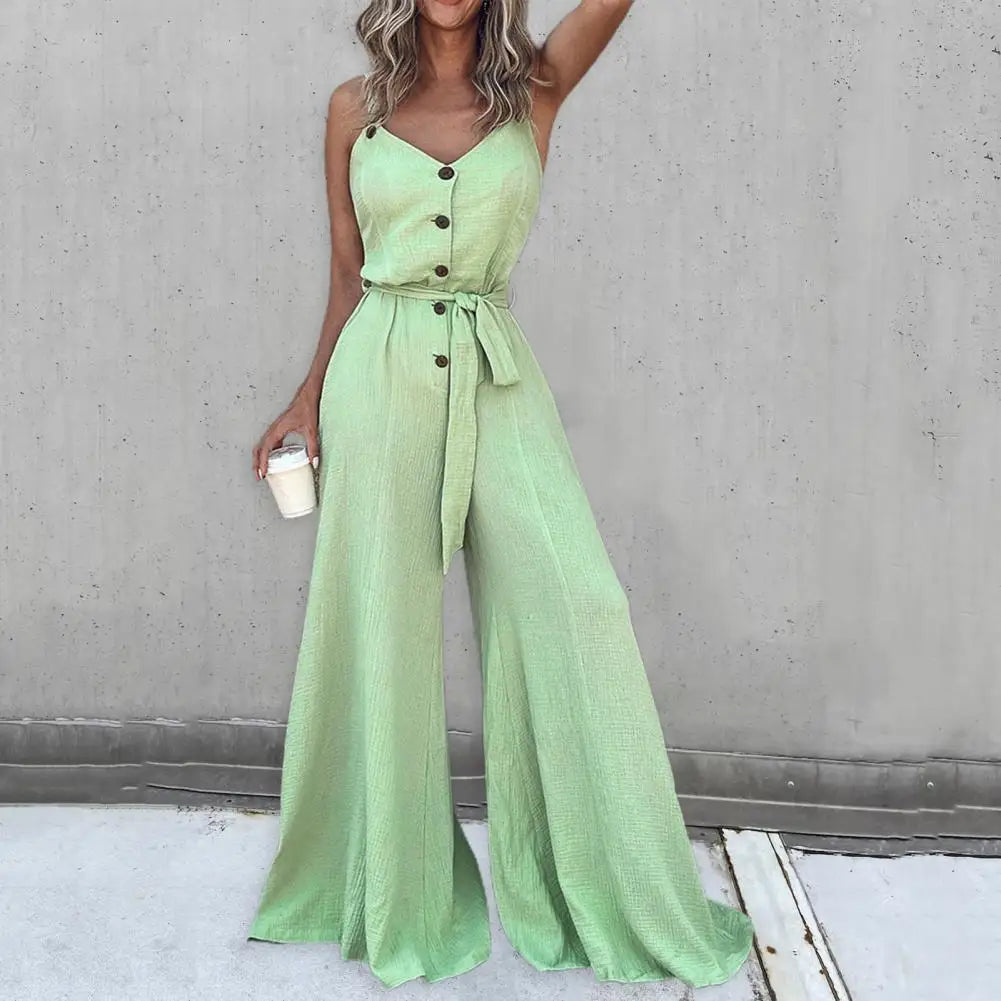 Summer Women Jumpsuit Solid Color Button Closure Lace-up Jumpsuit V Neck Wide Leg Deep Crotch Ankle Length Vest Jumpsuit.