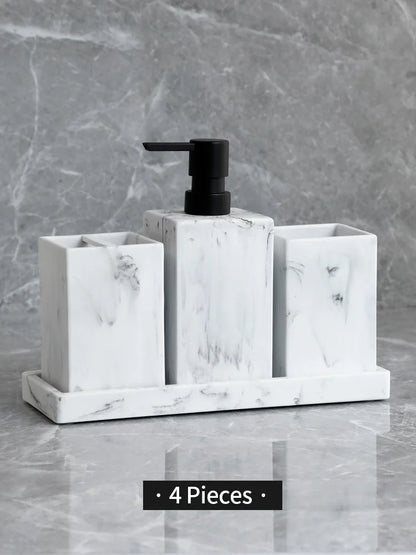 Bathroom Accessories Complete Marble Pattern Lotion Soap Dispenser,Toothbrush Holder,Tumbler,Tray Resin material Black white
