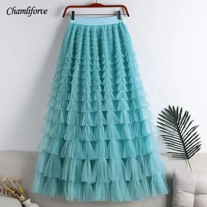 Chamliforve Women Tulle Mesh Skirt Elegant Elastic Waist Fairy Long A-line Tutu Skirt for Spring Summer Long Cake Skirt.