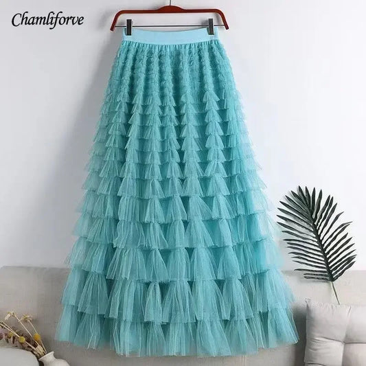 Chamliforve Women Tulle Mesh Skirt Elegant Elastic Waist Fairy Long A-line Tutu Skirt for Spring Summer Long Cake Skirt.