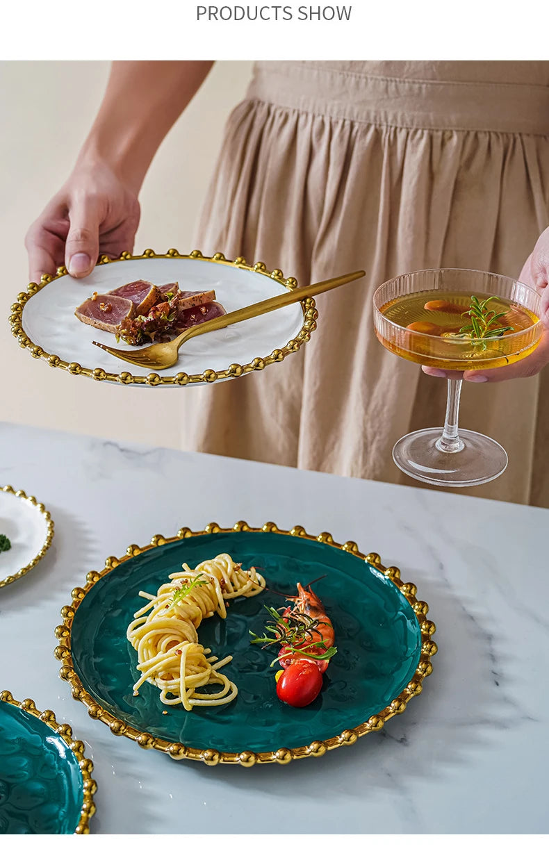 Nordic Ins Style Golden Edge Bead Plate Western Food Steak Plate Home Network Red Dish Creative Tableware Plate Breakfast Salad.