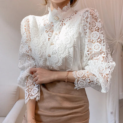 Fashion Long Sleeve Women Blouse Hollow Out Lace Blouse Shirt Tops Women Blusas Mujer De Moda 2024 Blouses Femme Women Shirts.
