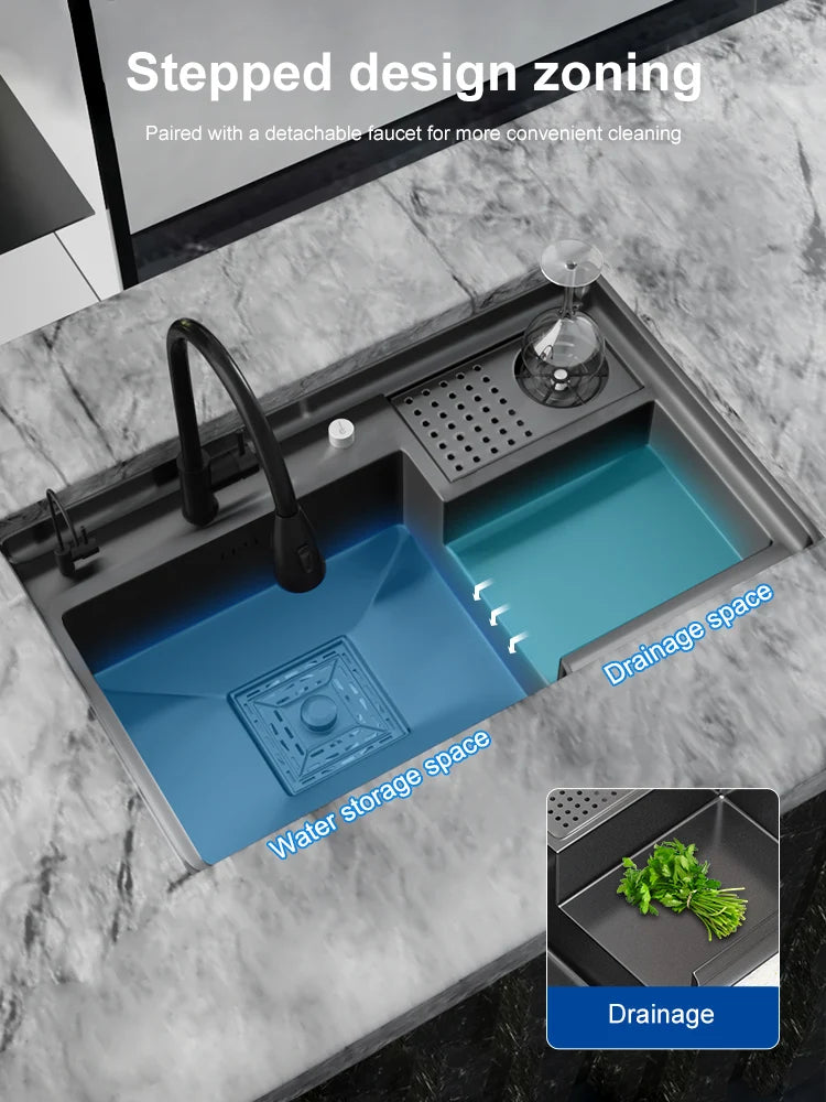 Stepped Stainless Steel Sink Kitchen with Cup Washer Multifunctional Large Single Slot Washbasin Dishwasher Sinks
