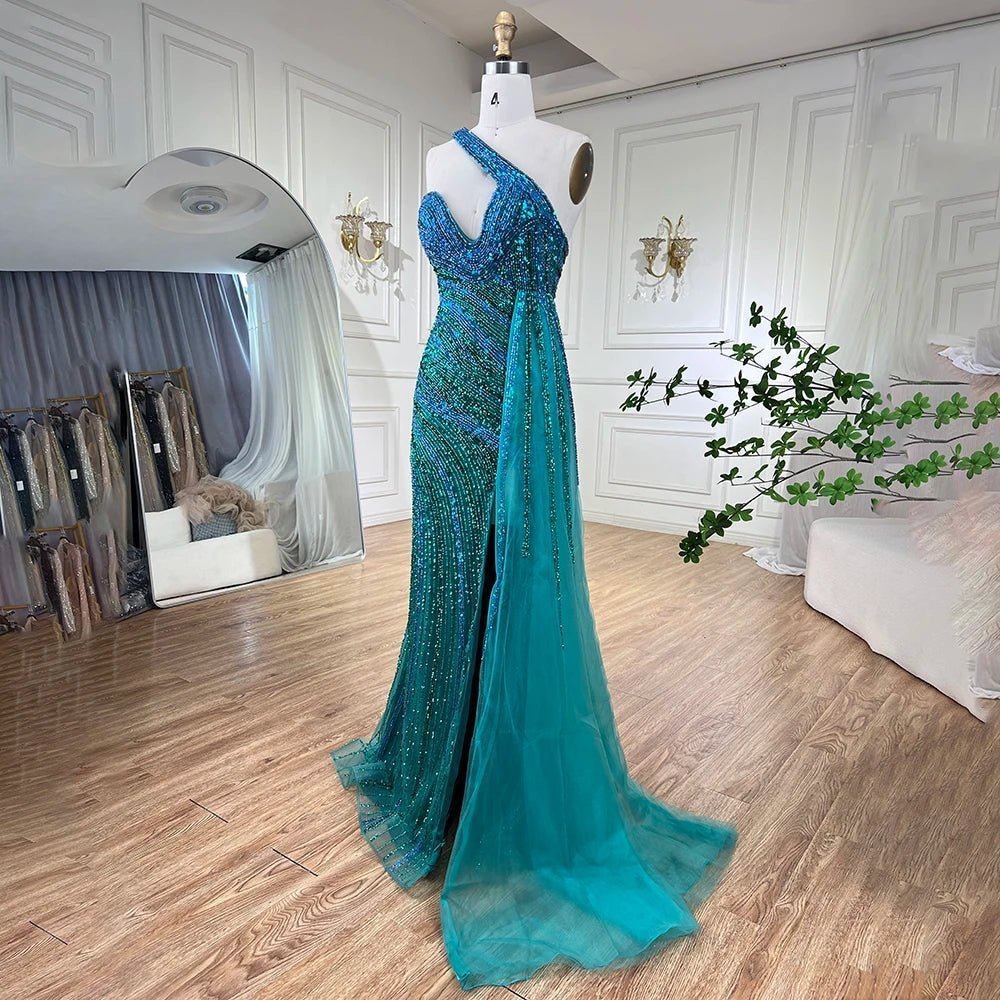 Blau Grün Meerjungfrau Sexy High Split One Shoulder Perlen Lange Abendkleider Kleider Anpassen Hochzeit Party BLA72104 Serene Hill.