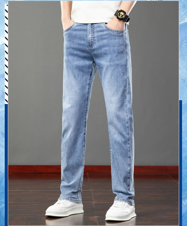 Spring Summer Thin Slim Fit Jeans Mens Elastic Straight Casual Business Denim Pants Washed Classic Brand Clothing Men Trousers.