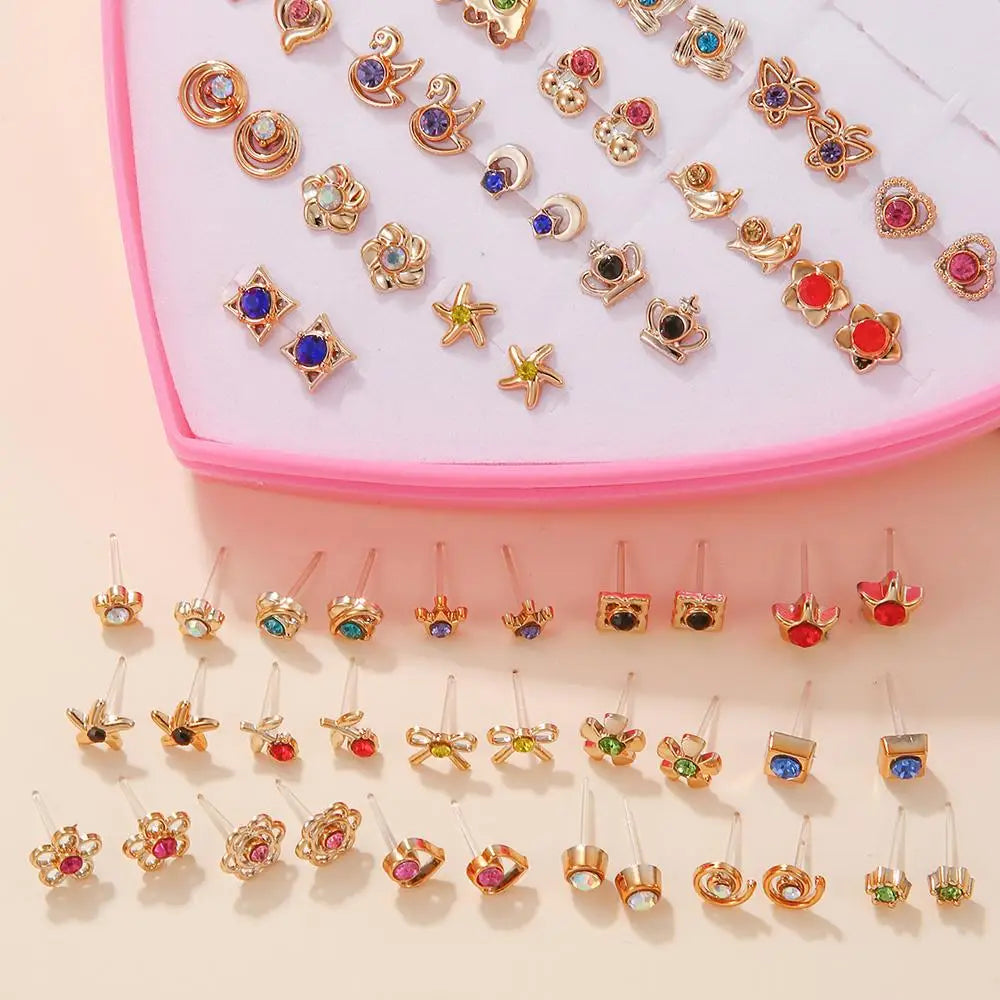 Multicolor 36Pairs Cartoon Hypoallergenic Plastic Stud Earrings Set For Women Girl Cute Animal Flower Ear Wedding Gifts Jewelry.