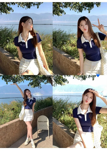 Women's Slim Fit Short Sleeve Polo Shirt Summer New Color Collision Design Red T-Shirt Top Fashionable Casual Business Wear.