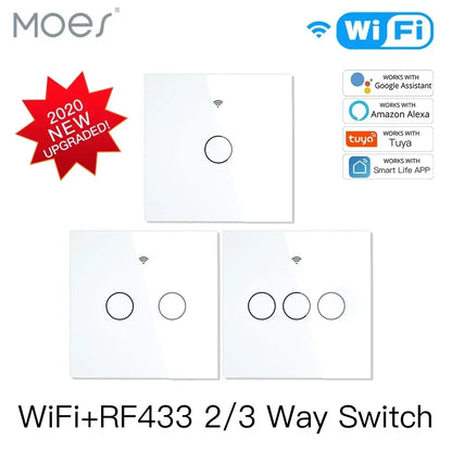 MOES NEU WiFi RF433 Smart Touch Switch 2/3 Way Smart Life/Tuya App-Steuerung, Alexa Google Home Sprachsteuerung 1/2/3 Gang EU.