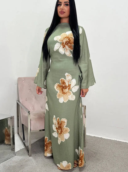 Women Arabic Eid Muslim Dubai Abaya Dress Luxury Fashion Flower Print Long Dress Kaftan Robe Femme African Islam Clothing Kebaya.