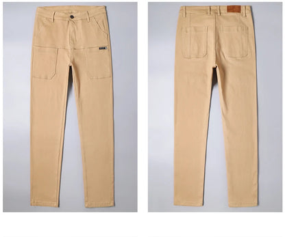 Spring and Autumn Men's Multi-Pocket Design Jeans Fashionable and Versatile White Khaki Red Comfortable Stretch Denim Pants