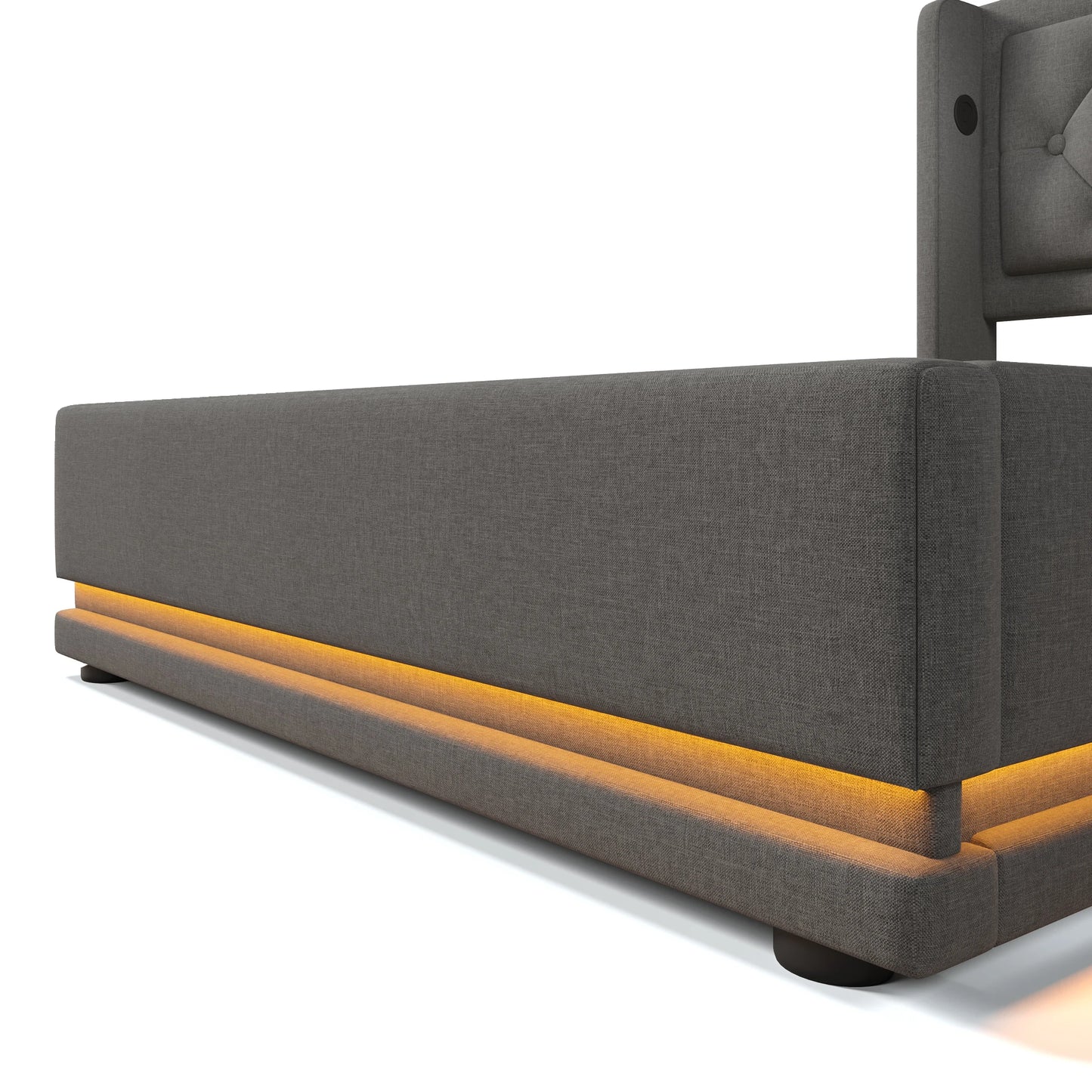 Gepolstertes Einzelbett 90x200 cm, graue Baumwolle, USB-C-Aufladung, 3-seitige LED (keine Matratze)