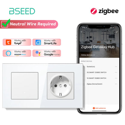 BSEED Zigbee Click Wandschalter Serie Intelligente Lichtschalter Gelbe Hintergrundbeleuchtung Glasrahmen Tuya-Schalter EU-Wandsteckdose USBC-Anschluss.