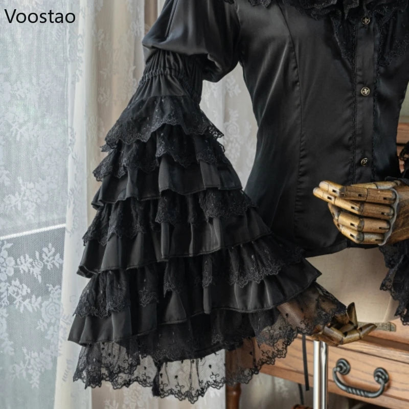 Victorian Elegant Lolita Style Shirts Japanese Women Vintage Gothic Lace Ruffles Flare Long Sleeve Blouses Sweet Y2k Slim Tops.