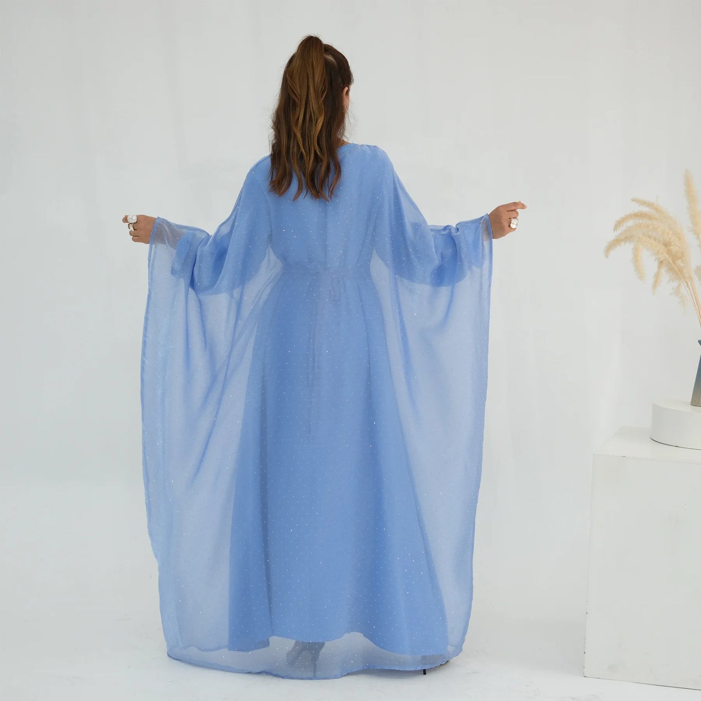 Eid 2 Piece Muslim Woman Set Diamonds Butterfly Abaya with Matching Inner Dress Dubai Luxury Kebaya Caftan Marocain Islam Outfit