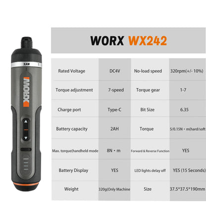 Worx WX242 Elektroschrauber-Set, intelligenter Akku-Bohrschrauber, Schraubendreher, USB-Ladegriff, 30-teiliges Set, Elektroschrauber