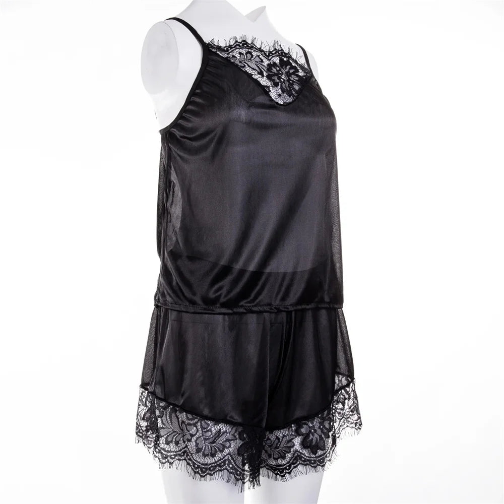 2 Stück sexy Pyjama Set Frauen sexy Spitze Patchwork Satin Seide Spaghetti träger Top heiße Shorts Pyjama Frauen Nachtwäsche Femme Pyjamas