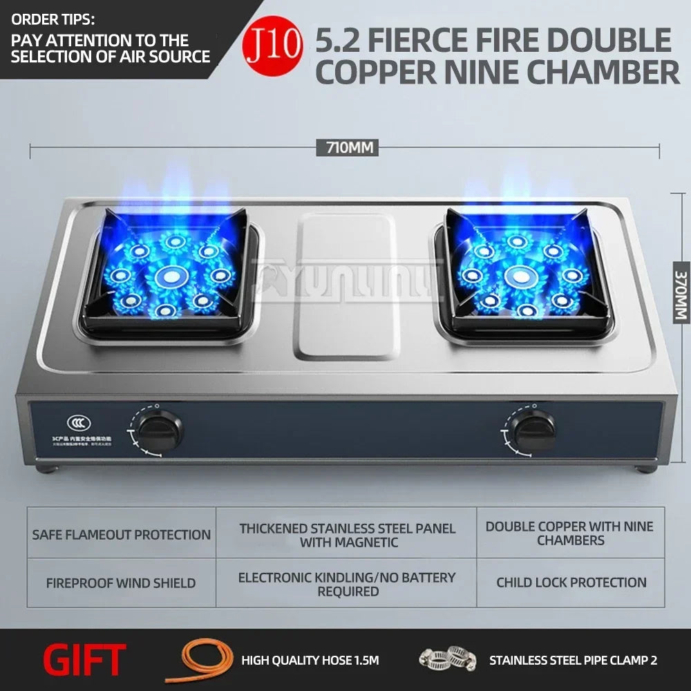 Desktop Stainless Steel Double Stove Household Bench Top Strong Fire Liquefied Natural Gas Stove.