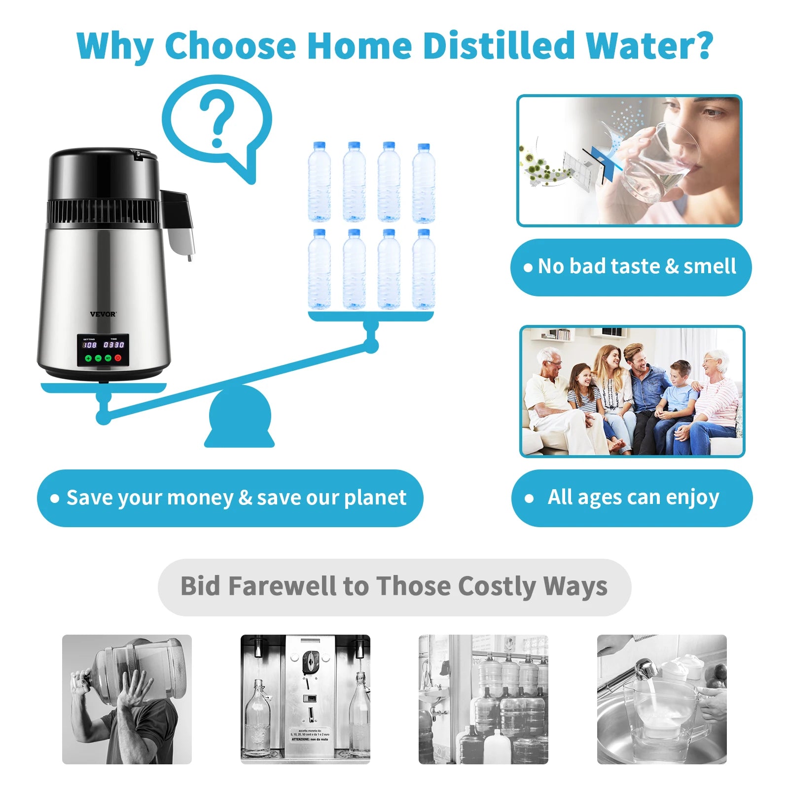SucceBuy 4L Water Distiller Purifier Filter 1 L/H Distilling Speed Dispenser Drinking Bottle Softener Touch Screen Home Use.