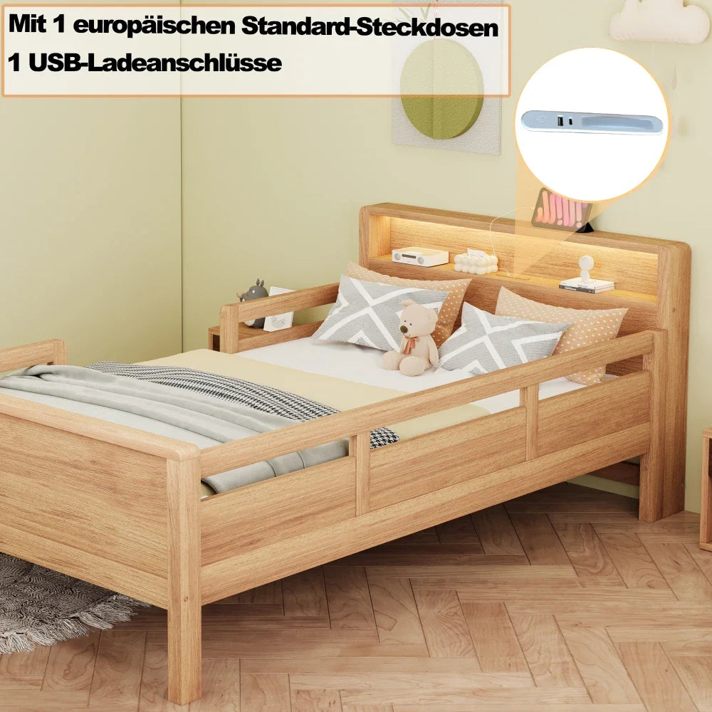 Multifunktions-Holzbett, USB- und Tape-C-Kombinationssteckdose, kleines LED-Licht, Kopfteil mit Einlagerfunktion, Einzelbett