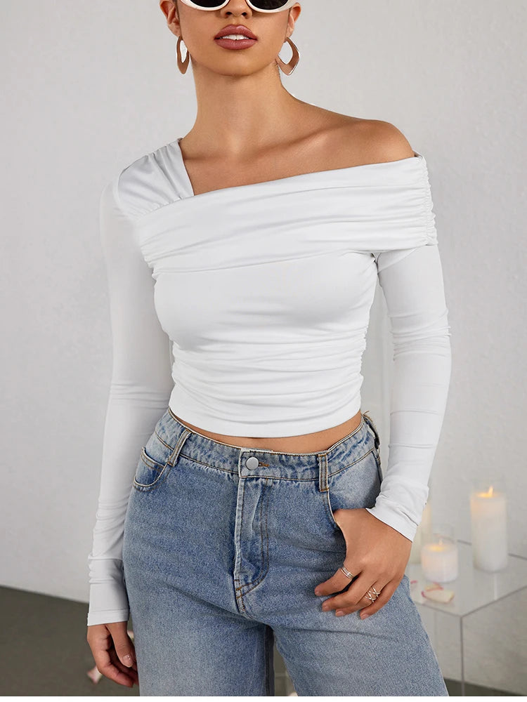 NewAsia Sexy Tight One Shoulder Top Long Sleeve Double Layer Crinkle Texture Asymmetrical Party Chic Blouse Women Fashion Tops.
