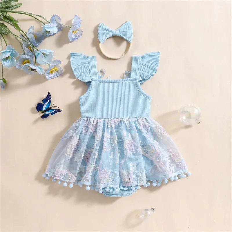 0-18M Kleinkind Baby Mädchen Sommer Strampler Kleid Nette Rüschen Ärmellose Square Neck Blume Body mit Stirnband Set neugeborene Kleidung.