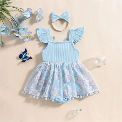 0-18M Kleinkind Baby Mädchen Sommer Strampler Kleid Nette Rüschen Ärmellose Square Neck Blume Body mit Stirnband Set neugeborene Kleidung.