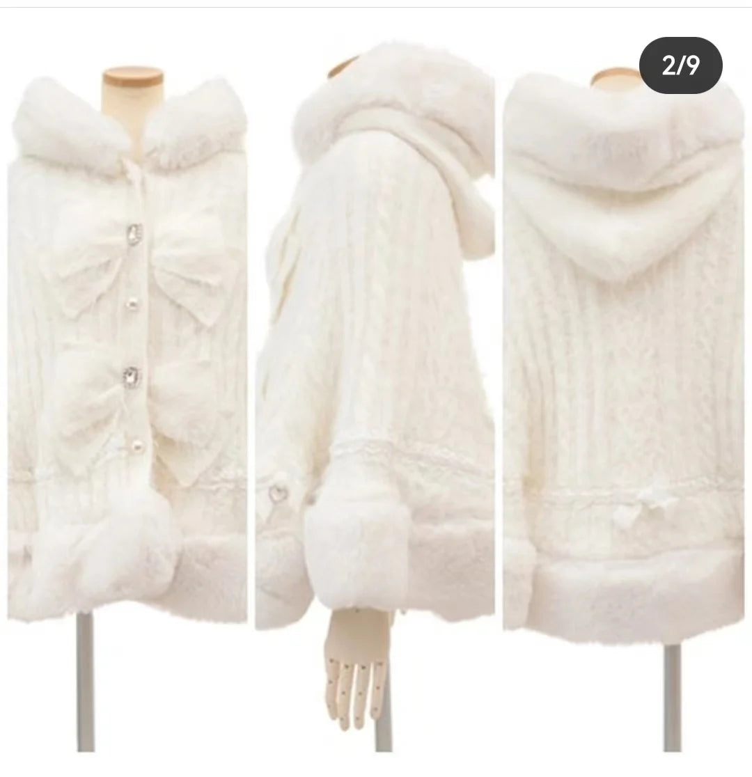 Japanische Liz Süße Prinzessin Faux Kaninchen Fell Cape Mantel Frauen Herbst Winter Pelz Jacke Lose Uhr Strass Bogen Mit Kapuze Mantel.
