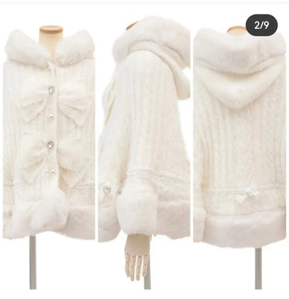 Japanische Liz Süße Prinzessin Faux Kaninchen Fell Cape Mantel Frauen Herbst Winter Pelz Jacke Lose Uhr Strass Bogen Mit Kapuze Mantel.