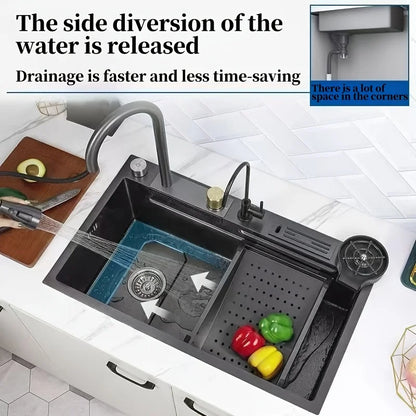 Modern Double Bowl Workstation Sink – Stainless Steel Undermount with Fast Drainage, Waterfall Rinse & Tool Holder